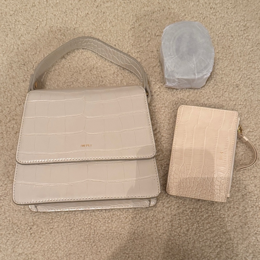 JW PEI Cream Croc-Embossed Shoulder Bag Set